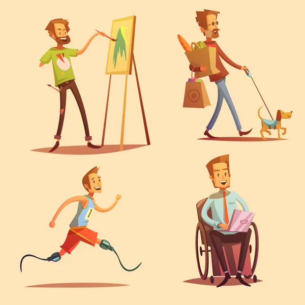 Personas con discapacidad Retro dibujos animados 2x2 iconos conjunto — Vector de stock