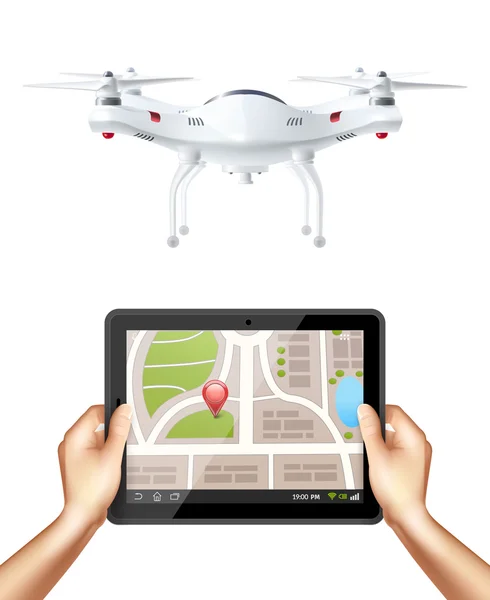 Quadrocopter et les mains tenant comprimé — Image vectorielle