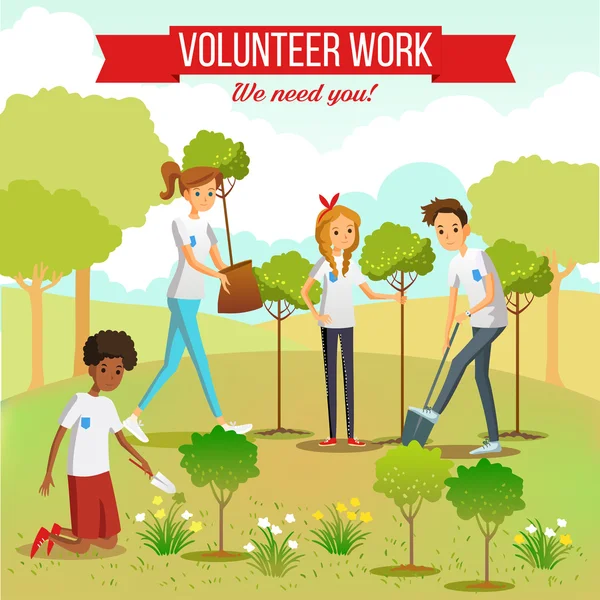 Volunteer Planting Trees In The Park — Stock Vector