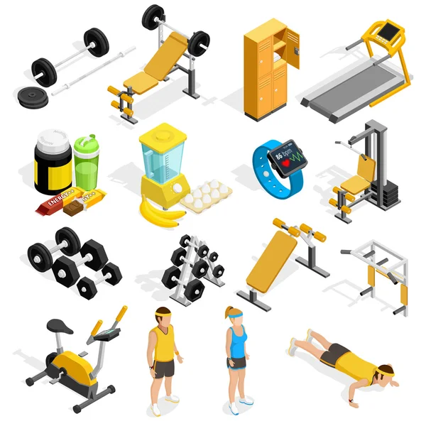 Spor salonu ve Fitness izometrik Icons Set — Stok Vektör