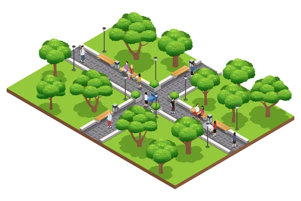 Isometric Landscaping Composition With People — Stock Vector