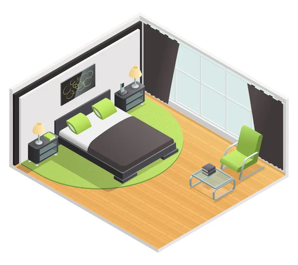 Cartel de vista isométrica interior del dormitorio — Vector de stock