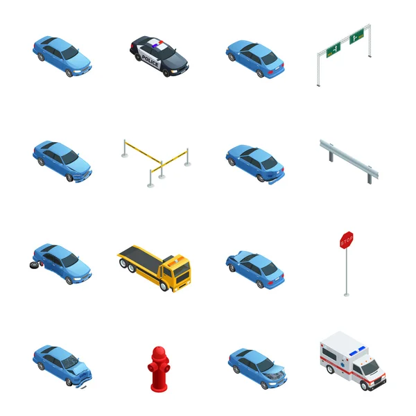 Car Accidents Isometric Icons Set — Stock Vector