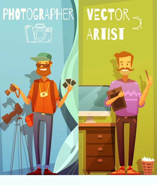 Dos pancartas con fotógrafo y artista divertido — Vector de stock