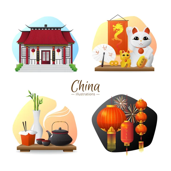 China Symbols 4 Icons Square Composition — Διανυσματικό Αρχείο