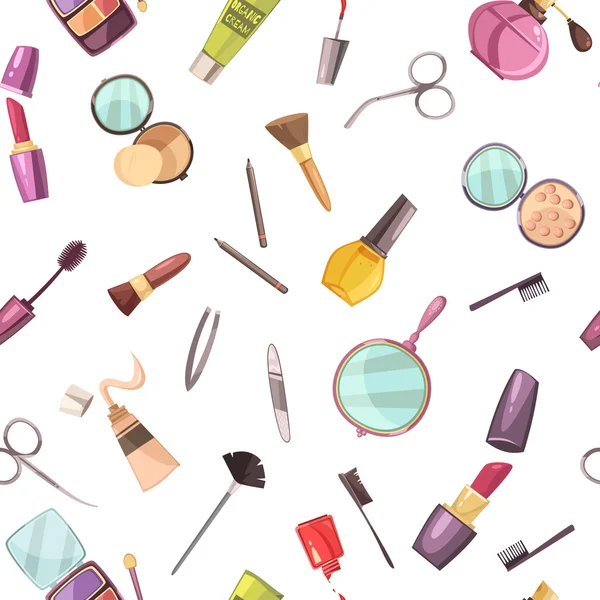 Accessoires de maquillage cosmétique Modèle plat sans couture — Image vectorielle