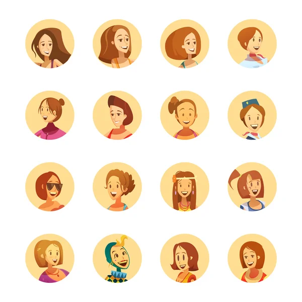 Mujer Avatar iconos ronda de dibujos animados — Vector de stock