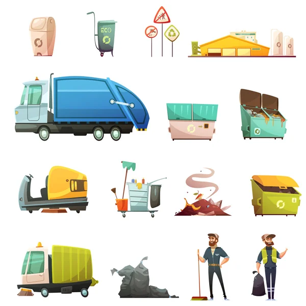 Conjunto de iconos de dibujos animados de clasificación de residuos de basura — Vector de stock