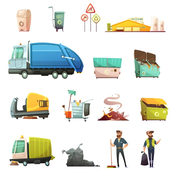 Garbage Waste Sorting Cartoon Icons Set — Stock Vector