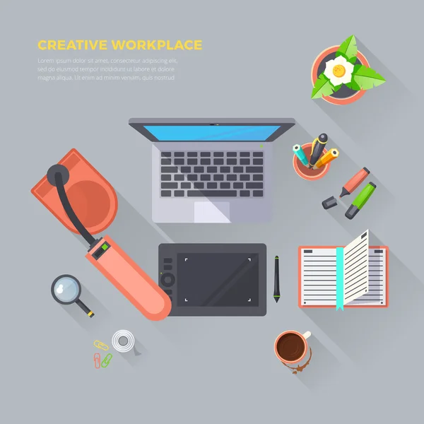 Ilustración creativa de la vista superior del lugar de trabajo — Vector de stock