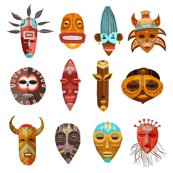 Conjunto de Máscaras Tribais Étnicas Africanas — Vetor de Stock