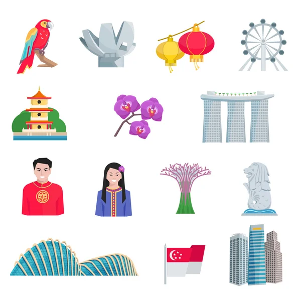 Singapour Culture Set de iconos planos — Archivo Imágenes Vectoriales