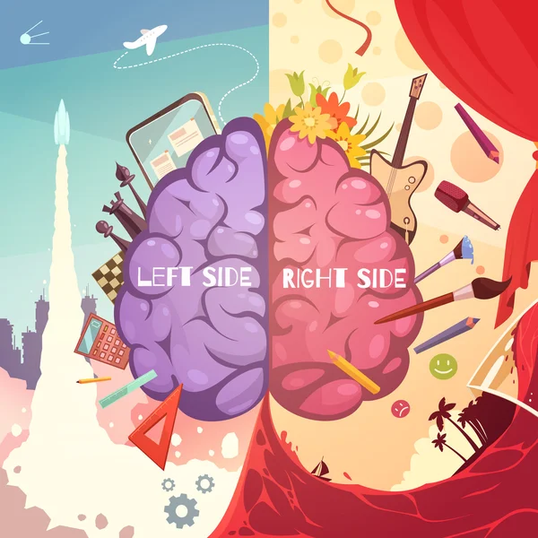 Cerebro derecho izquierdo lados caricatura cartel — Vector de stock