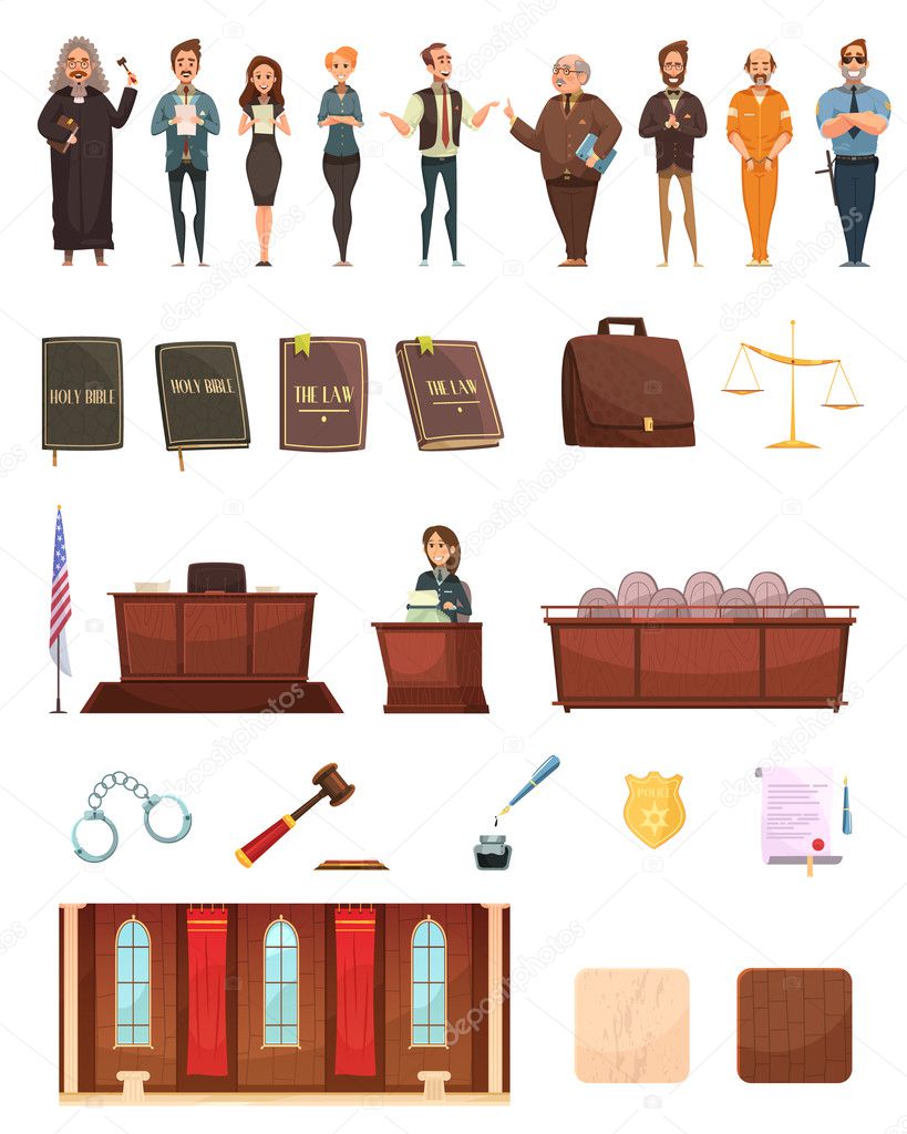 Law Justice Retro Cartoon Icons Set