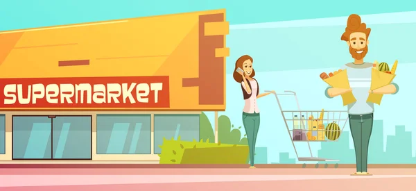 Cartel retro al aire libre de la historieta de las compras del supermercado — Vector de stock
