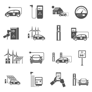 Elektrikli Araba siyah Icons Set şarj