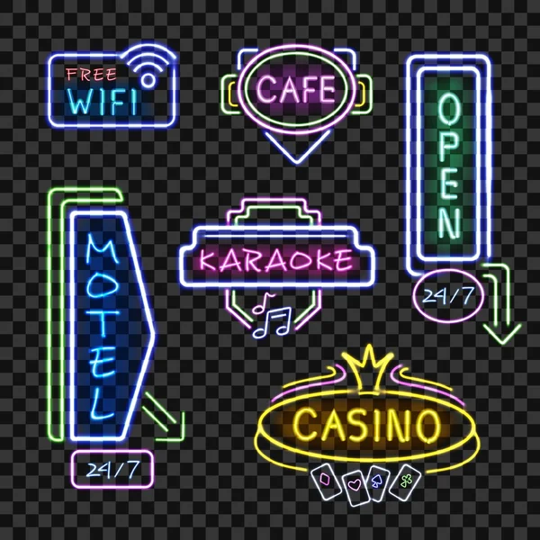 Neon Signboards Realistic Night Collection Transparente —  Vetores de Stock