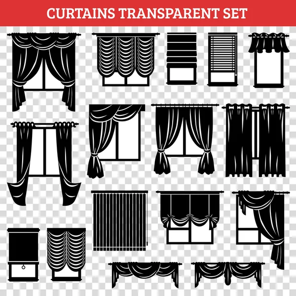 Ventanas siluetas negras con cortinas y Jalousie — Vector de stock