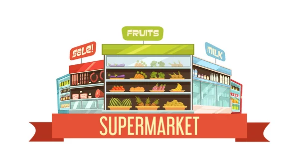 Supermarkt Display Stand Retro samenstelling Poster — Stockvector