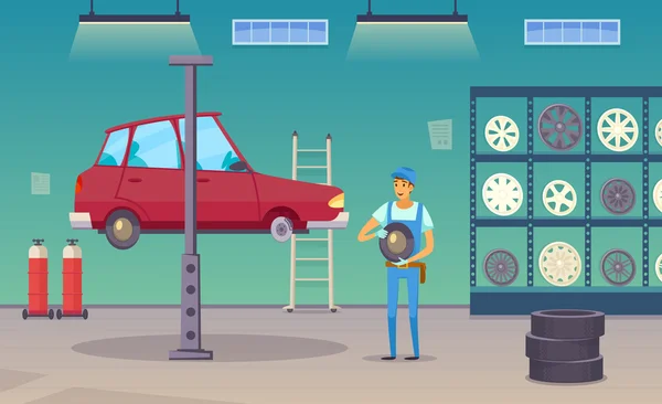 Cartaz de composição de desenhos animados de garagem de serviço de carro —  Vetores de Stock