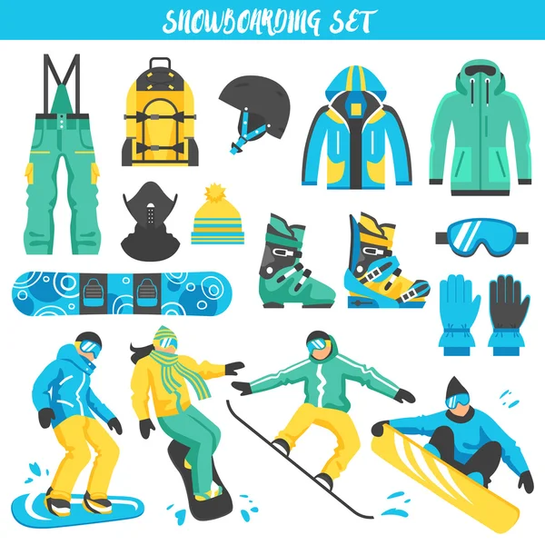 Conjunto colorido de equipamentos de snowboard — Vetor de Stock