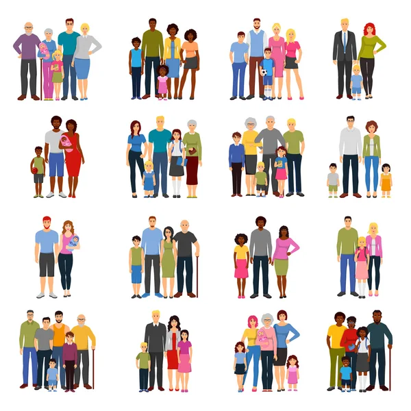 Family Members Groups Flat Icons Set — Stock Vector