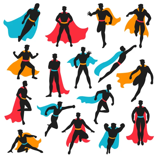 Conjunto de siluetas de superhéroe negro — Vector de stock