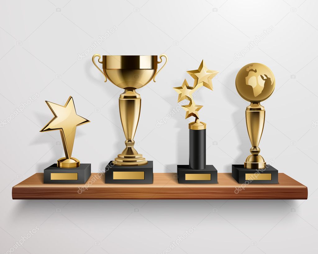 Realistic Trophy Awards On Shelf