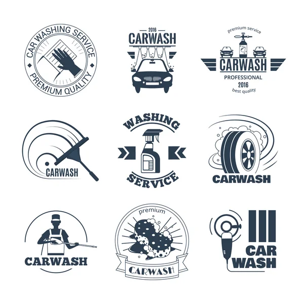 Car Wash Black Emblems Icons Set — Stock Vector