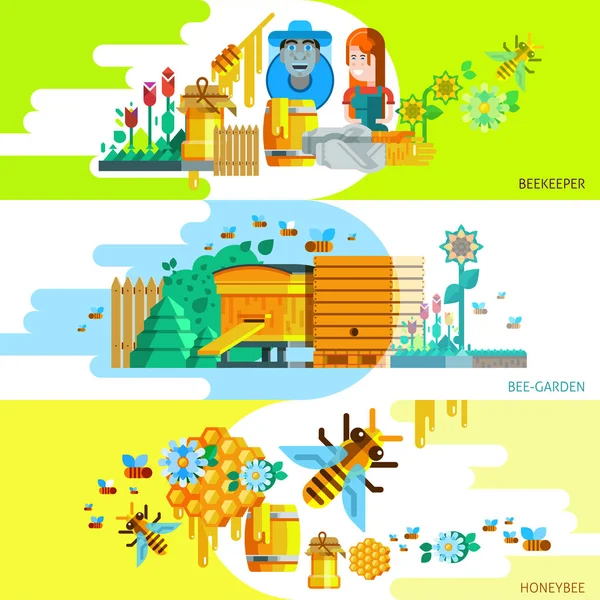 Banners horizontales beekeping coloridos — Vector de stock