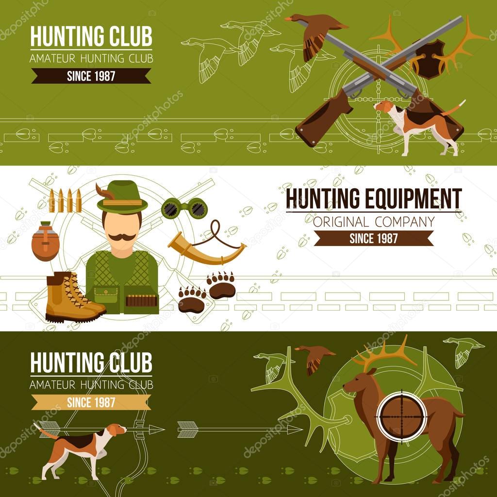Hunting horizontal banners with hunter boots horn binoculars guns grenade bullets and animals vector illustration