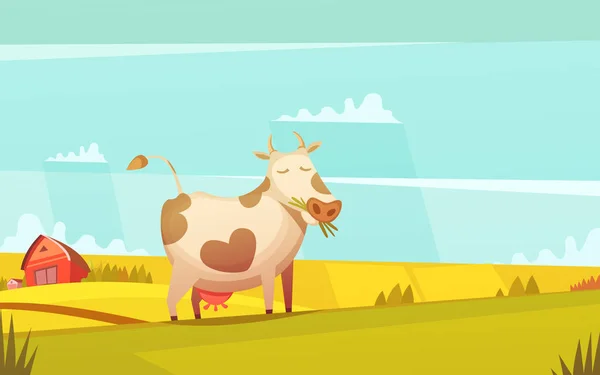 Cow Grazing On Farmland Cartaz dos desenhos animados — Vetor de Stock