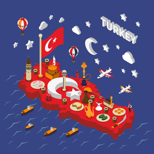 Turkey Touristic  Attractions Isometric Map Poster