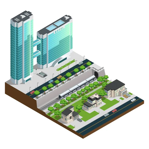 Rascacielos isométricos y casas suburbanas Composición — Archivo Imágenes Vectoriales