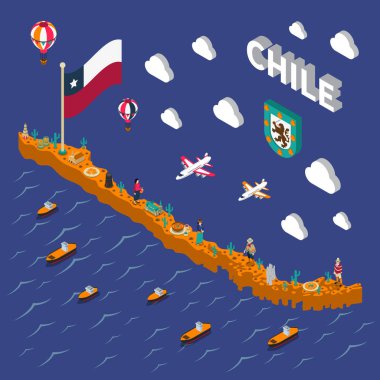 Turistik konumlar sembolleri izometrik Şili haritası