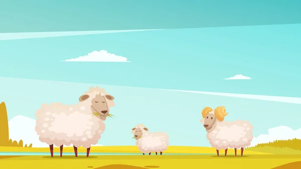 Pecore al pascolo su terreni agricoli Cartoon Poster — Vettoriale Stock