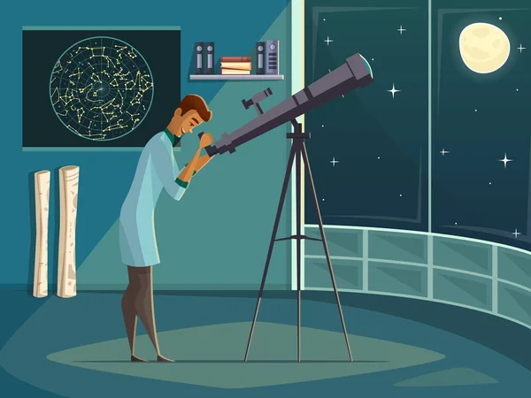 Astrónomo con el cartel de dibujos animados retro del telescopio — Vector de stock