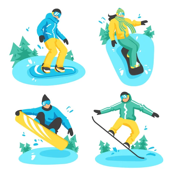 Personas en las composiciones de diseño de snowboard — Archivo Imágenes Vectoriales