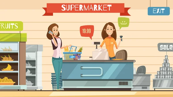 Supermarktkassiererin an Kasse Retro-Cartoon-Poster — Stockvektor