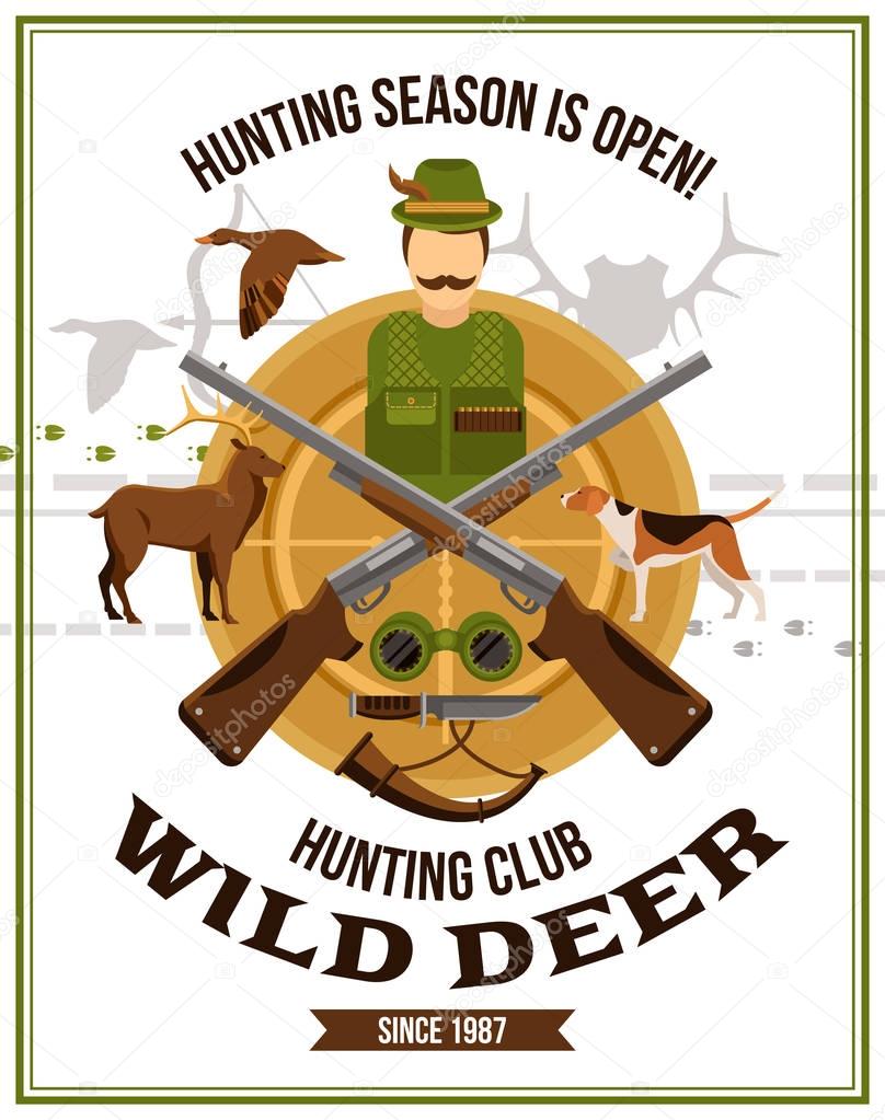 Shooting hunting poster with hunter guns binoculars horn knife dog deer and duck vector illustration