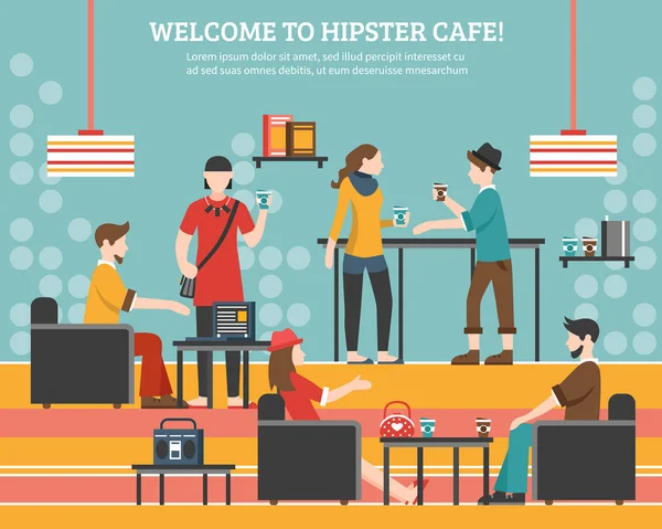 Hipster Cafe Flat Vector Illustration — Stock Vector