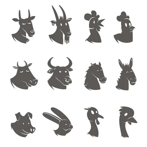 Boerderij dieren hoofden zwarte Icons Set — Stockvector