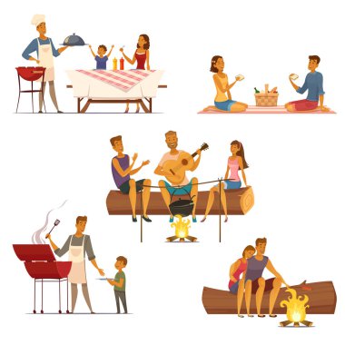 Barbekü piknik Retro karikatür Icons Set 
