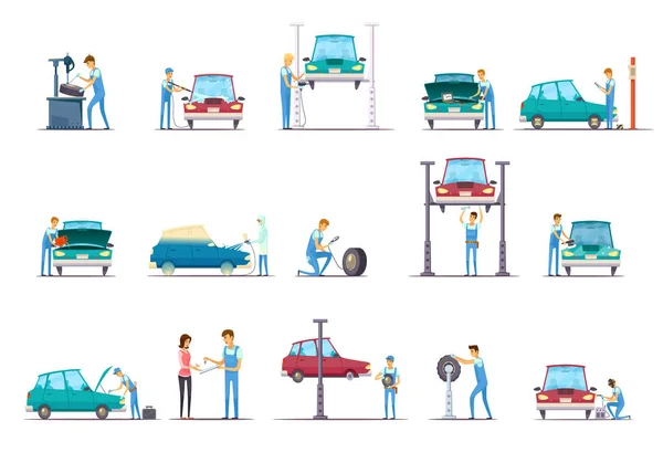 Servicio de reparación de coches Iconos de dibujos animados Colección — Vector de stock