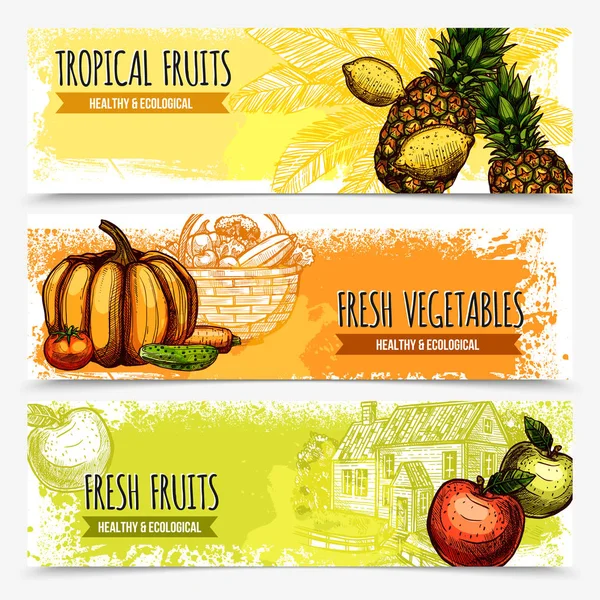 Vegetables And Fruits Horizontal Banners — Stock Vector