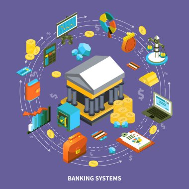Bankacılık sistemleri izometrik yuvarlak kompozisyon