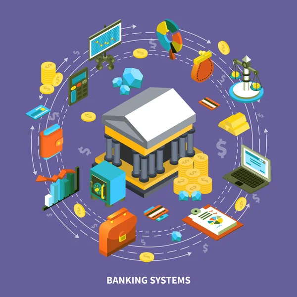 Sistemas Bancarios Isométrico Redondo Composición — Vector de stock