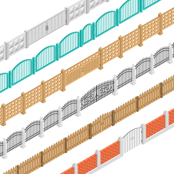 Fences And Gate Isometric Elements — Stock Vector