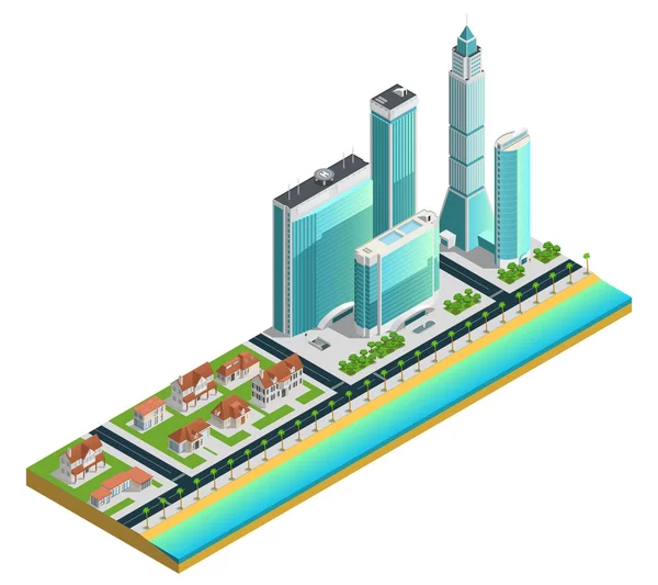 Isometric Skyscrapers And Suburban Houses Composition — Stock Vector