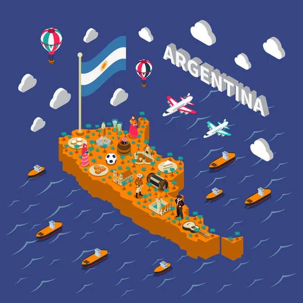 Argentine Attractions Touristiques Carte Isométrique Affiche — Image vectorielle